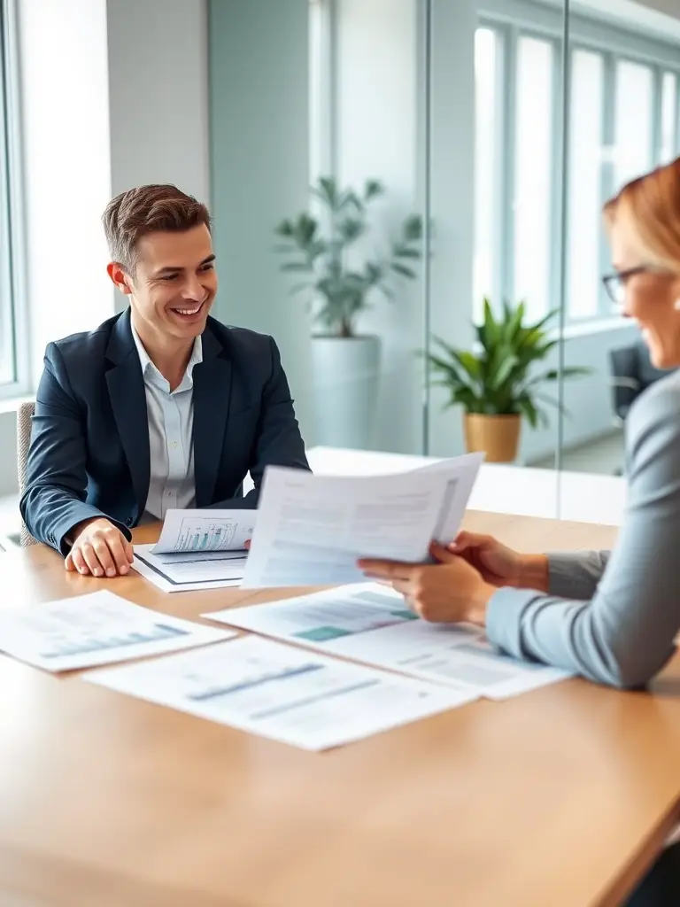 A professional financial advisor discussing estate planning documents with a client in a modern office setting, representing wealth management services.