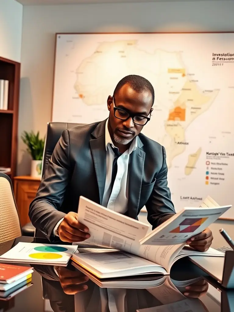 An image of a financial advisor analyzing investment portfolios on a digital tablet with South African landmarks in the background, symbolizing expertise in local investment strategies.